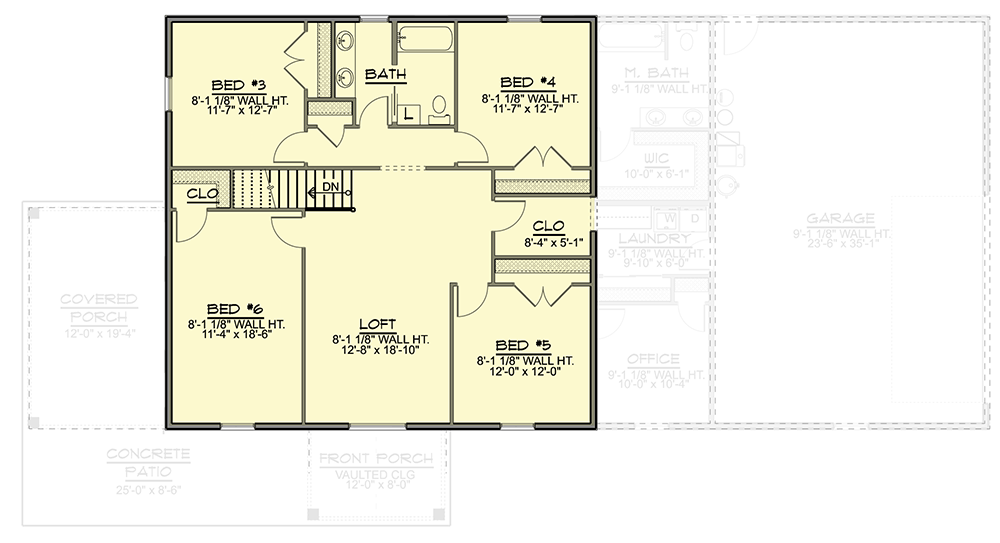 Second level floor plan of the Spacious Country Style House with Wide Porch with 4 bedrooms including 2 walk-in-closets, a bathroom, and a loft.