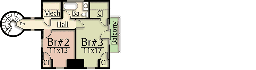 Second level floor plan of the 2-bedroom 2-story barn-style House, with 2 bedrooms.