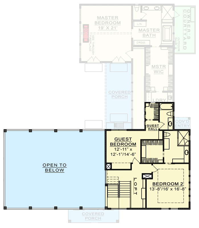 Second-floor plan of the enchanting country house with 2 bedrooms including bathrooms and walk-in-closets, a loft, and an open space overseeing the dining and living room