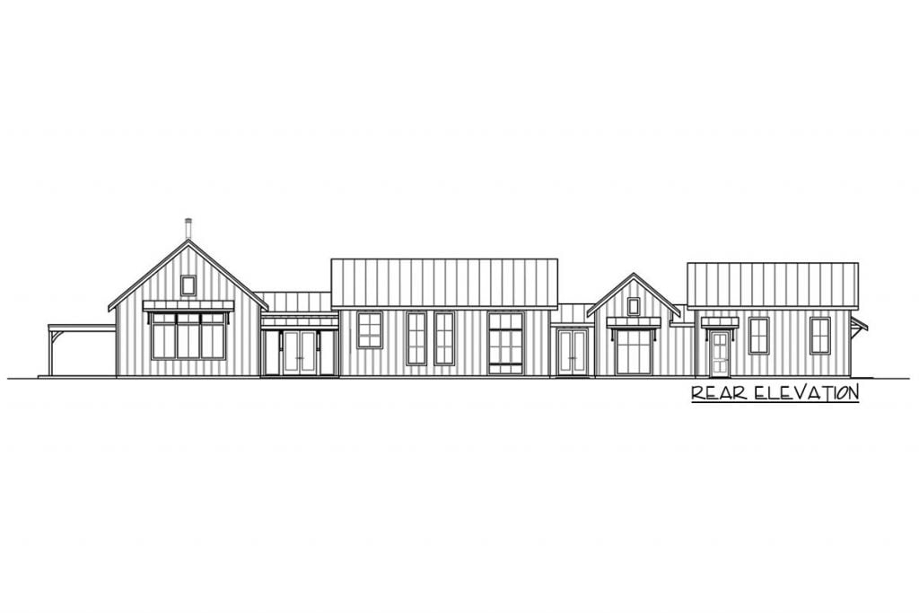 Rear elevation sketch of the Dense Modern Style Farmhouse.