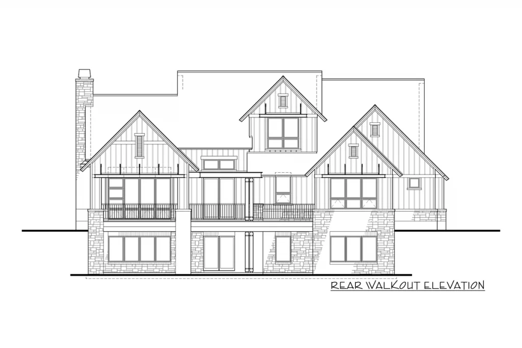 Rear walkout elevation sketch of the Quirky Industrial Style Turret with Metal Cladding w/ 2-3 Car Garage.