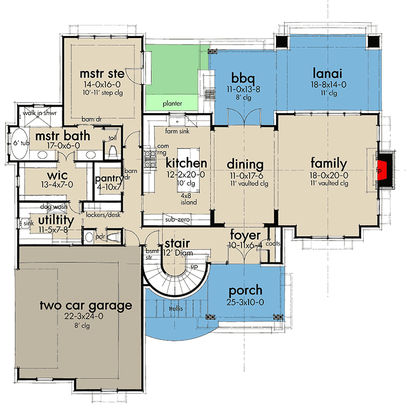 First-floor plan of the 4-bedroom 2-story barn-style House with a 2-car garage area, covered porch, family room, dining area, kitchen, utility room, master bedroom, master bathroom, and a BBQ station.