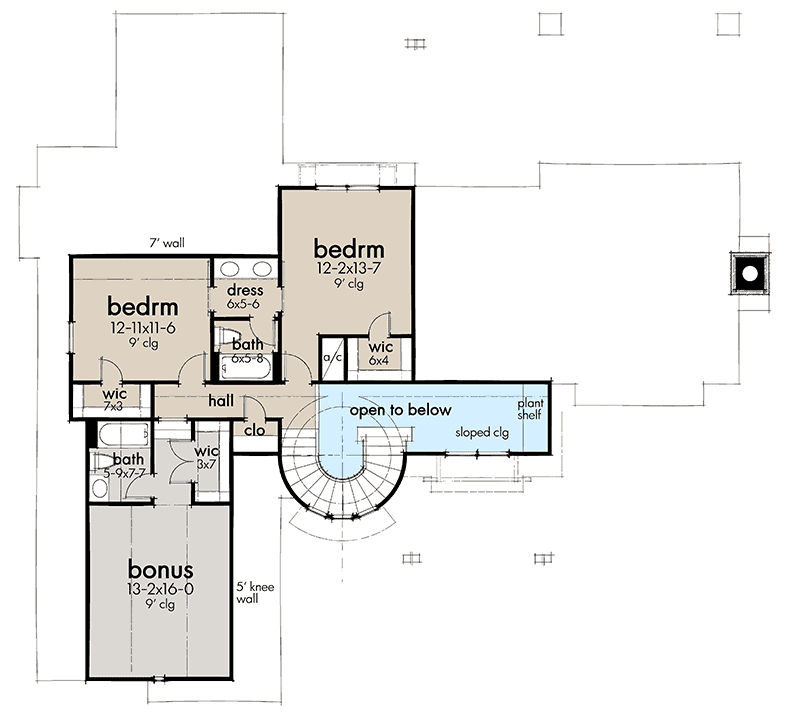 Second-floor plan of the 4-bedroom 2-story barn-style House, with 2 bedrooms, and a bonus room.