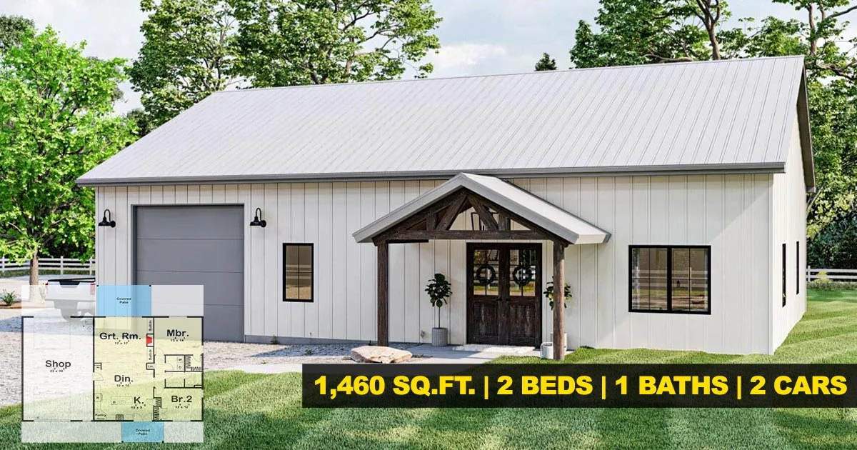 A photograph of a beautiful white barndominium situated in the countryside. The structure has a symmetrical design with a spacious front porch supported by sturdy wooden pillars. The exterior features horizontal metal siding, large windows with white frames, and a dark metal roof. The surrounding landscape includes lush green grass, tall trees, and a clear blue sky. The serene setting and elegant design of the barndominium create a perfect blend of modern and rustic living.