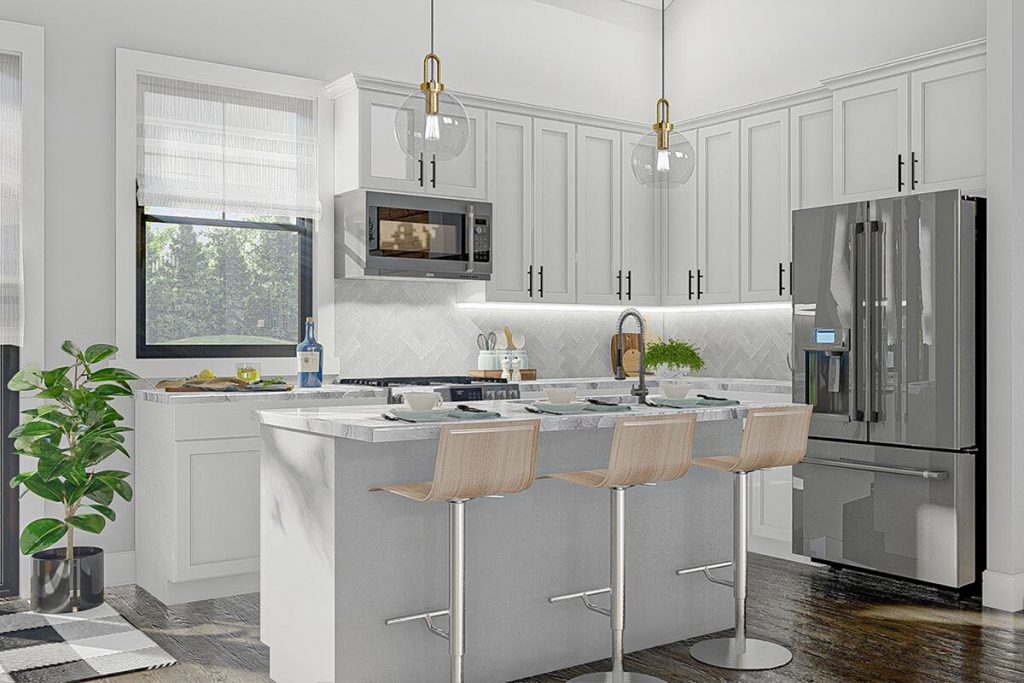 The kitchen area showcases the breakfast island, stools and white cabinets, 