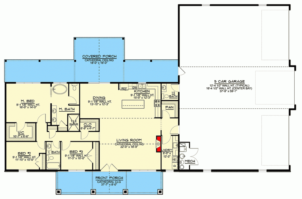 Main level floor plan of the barndominium  with a wrap-around porch.