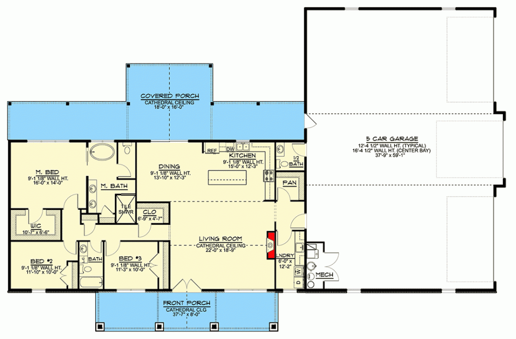 Main level floor plan of the barndominium with a wrap-around porch.