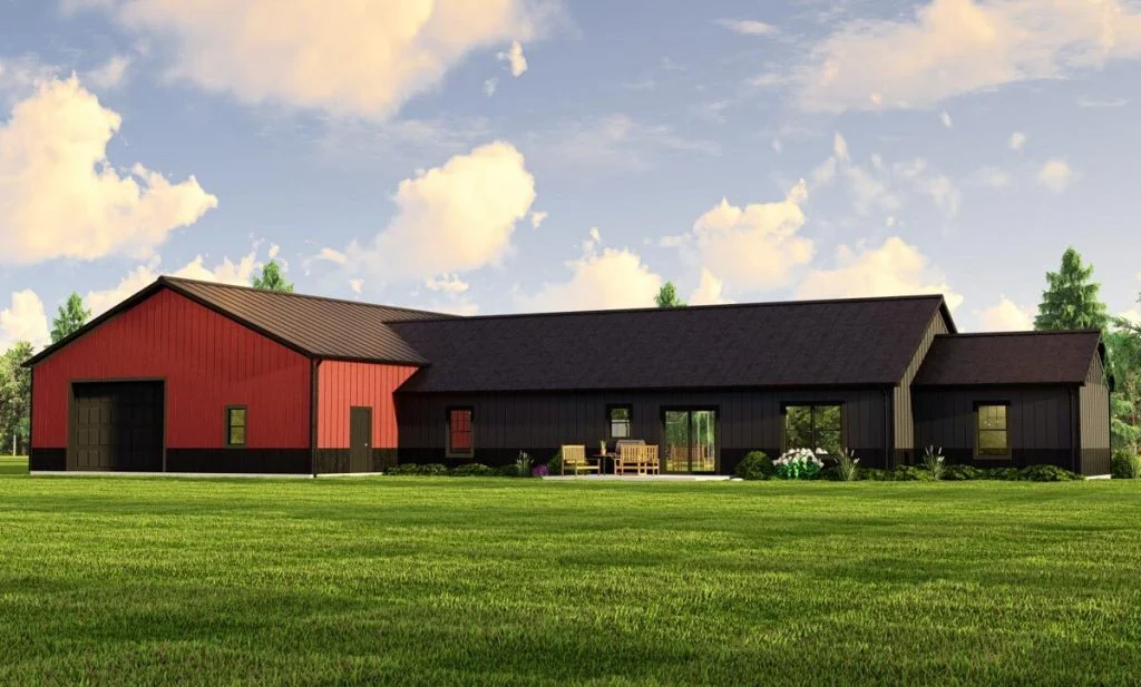 Rearview of the homestead exhibiting the patio that is furnished with outdoor armchairs and a round table, and the rear entrance of the garage.