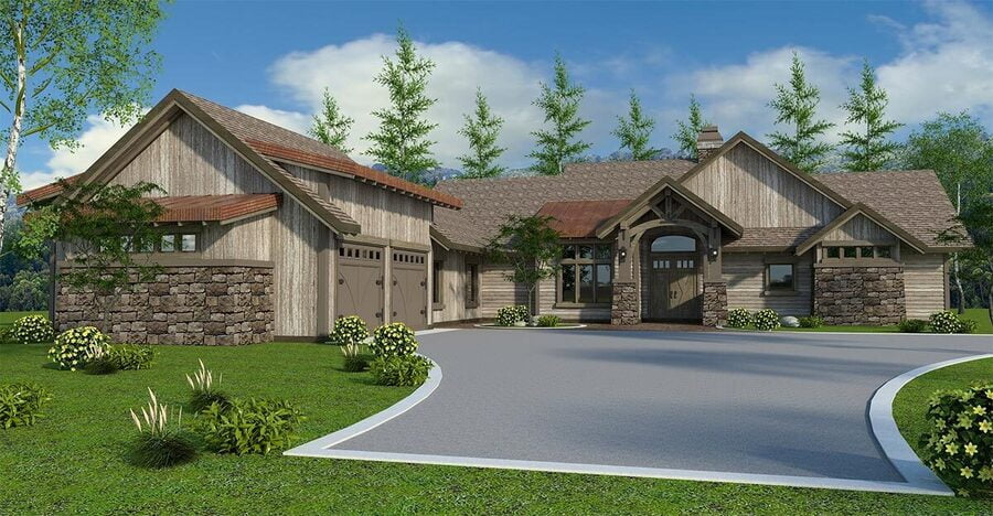 A 3D model shows the whole front view of the barndominium with a stone pathway, 2 garage doors, and a covered porch.