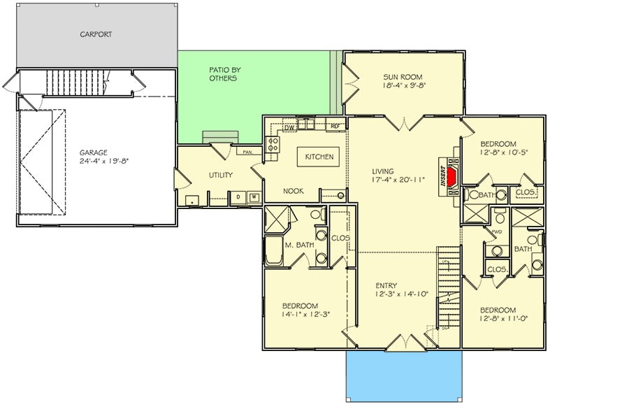 First level floor plan of the  Dreamy 3BHK Country Style House with garage, carport, patio, utility, sunroom, kitchen, nook, living room, entry, 3 bedrooms, and main bathroom. 