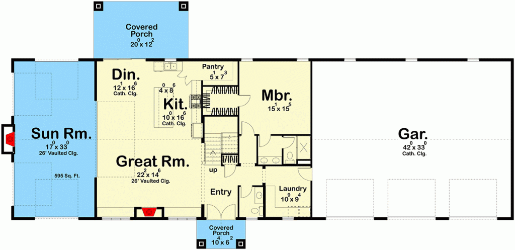 Main level Floor Plan of the barndominium with wrap around porch highlighted 