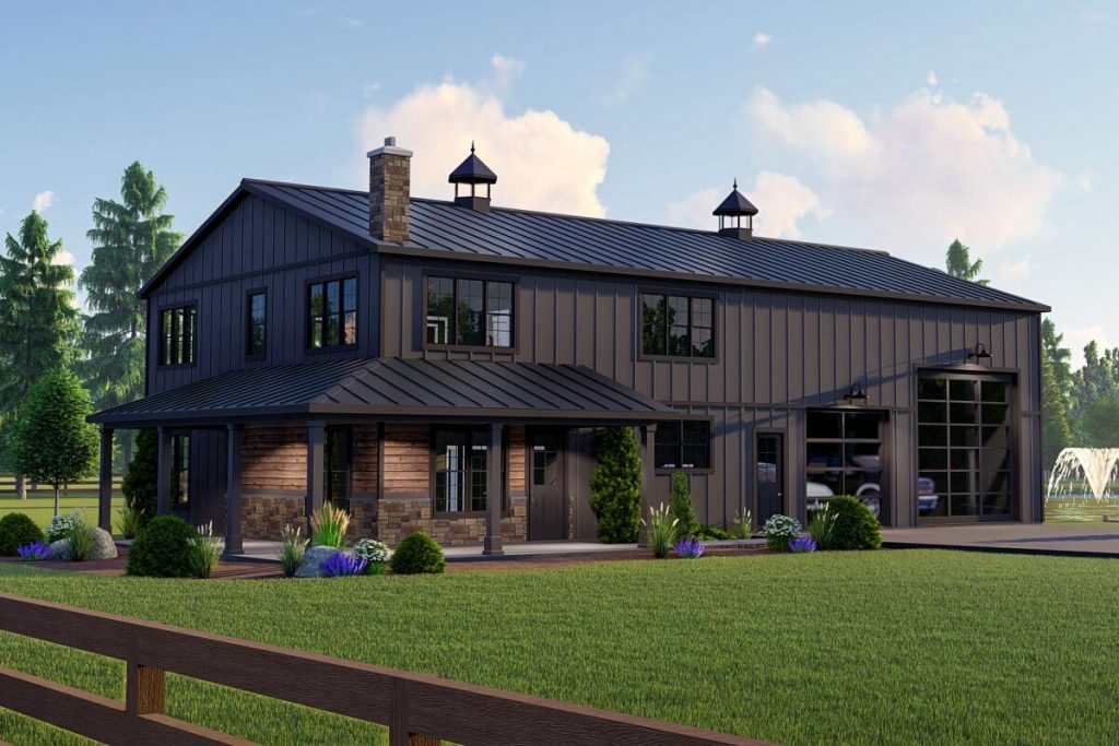 The right side 3D rendering shows a stone pathway, covered porch, and 2 metal garage doors