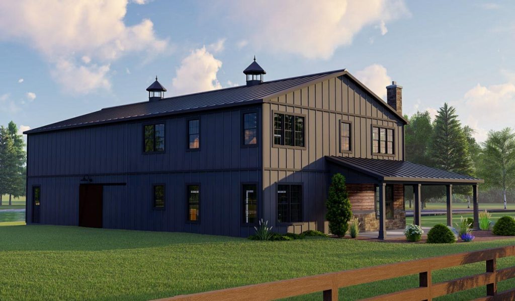 two story barndominium, metal building home with dark grey interior, grey roof with two cupolas and a wrap around porch
