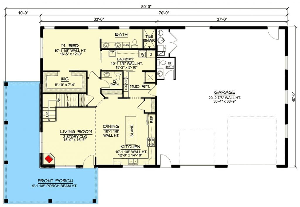 First-floor plan of the country style 2-story barndominium with a garage, mud room, front porch, living room, dining area, kitchen, laundry area, 2 bathrooms, and a master bedroom