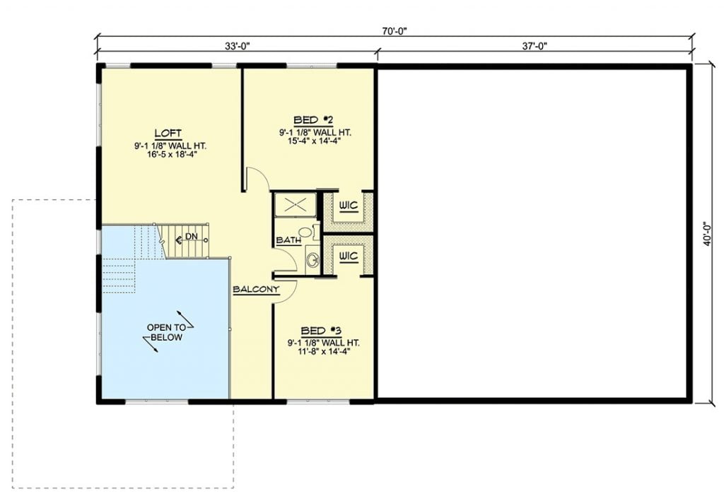 Second level floor Plan of the Country Style 2-story Barndominium with 2 bedrooms, a loft, a bathroom, a walk-in closet, and a balcony