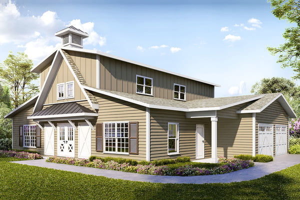 Angled front view of the Upmarket Country Style House w/ 2-Car Garage showcasing the home facade and the garage doors.