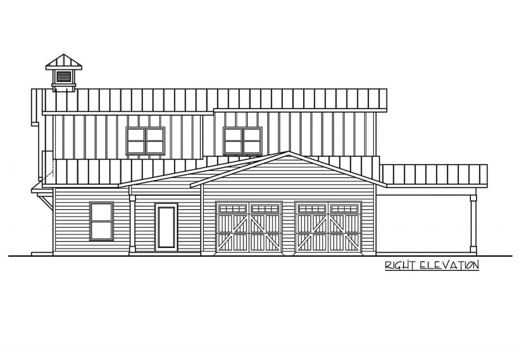 Right elevation sketch of the Upmarket Country Style House w/ 2-Car Garage.