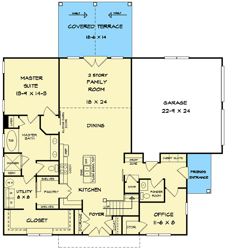 First level floor plan of the Upmarket Country Style House w/ 2-Car Garage with 2-car garage, office, kitchen, foyer, dining area, master suite, master bath, utility, closet, family room, covered terrace.