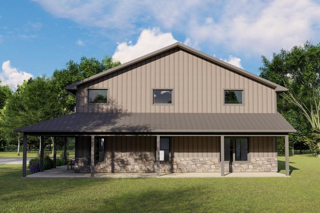 Right view of the Likable 2,456 Sq. Ft. Barndominium, showcasing the covered porch extending from the front to the side.