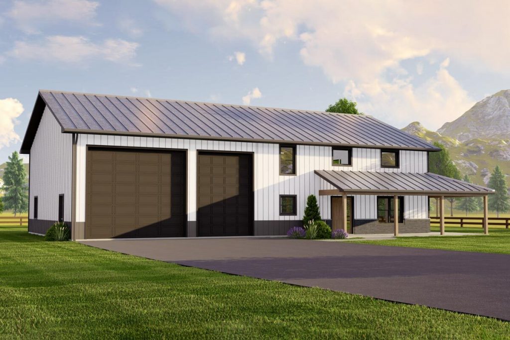 Angled front view of the Likable 2,456 Sq. Ft. Barndominium with the white exterior color.