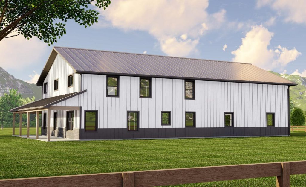 Angled rear view of the Likable 2,456 Sq. Ft. Barndominium with the white exterior color.