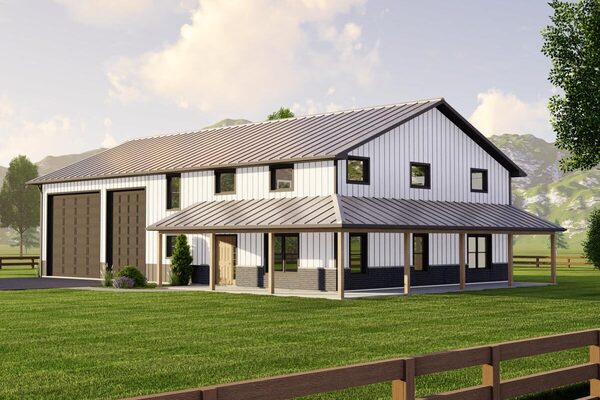 Angled right view of the Likable 2,456 Sq. Ft. Barndominium with white exterior color.