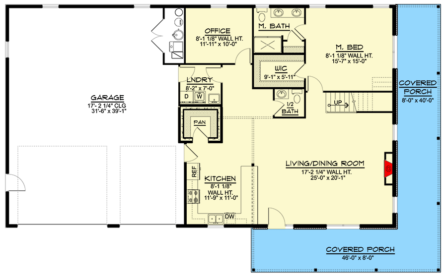 First level floor plan of the Likable 2,456 Sq. Ft. Barndominium with a 2-car garage, covered porch, living/ dining room, kitchen, laundry room, main bathroom, pantry, main bedroom, and office.