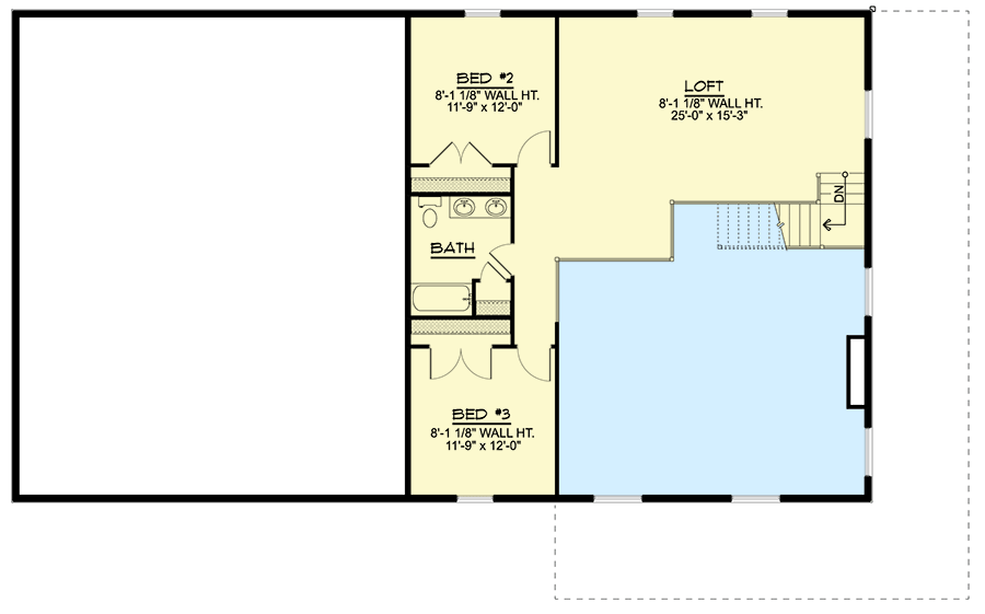 Second level floor plan of the Likable 2,456 Sq. Ft. Barndominium with loft, bath, and 3 bedrooms.