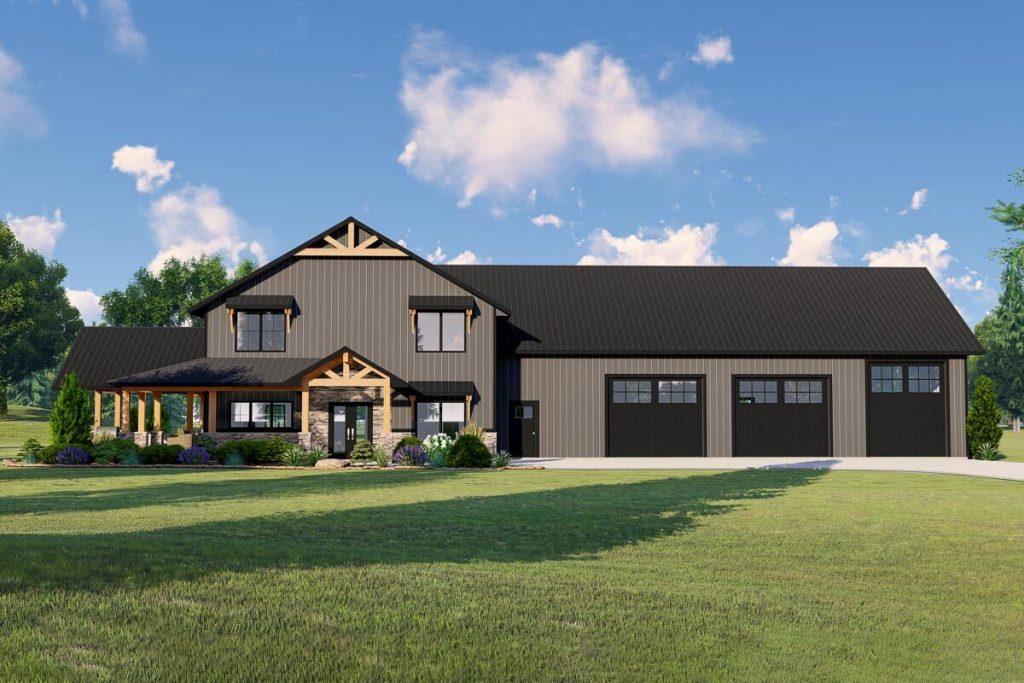 Front view of the barndominium showcasing the wrap around porch and 4 car garage