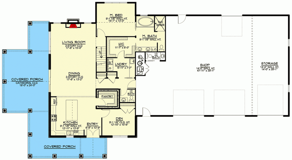 Main floor plan of barndominium with wrap around covered porch highlighted