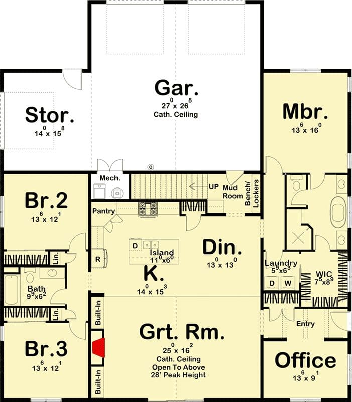 First-floor plan of the 3-bedroom 2-story modern farmhouse with a 2-car garage, storage room, mech room, mud room, an office, a great room, dining room, pantry, laundry area, and 3 bedrooms with 1 main bedroom and 2 regular bedrooms.