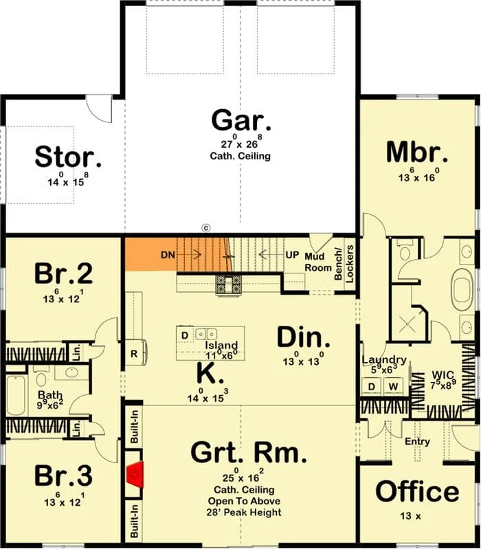 First-floor plan of the 3-bedroom 2-story modern farmhouse with a 2-car garage, storage room, mech room, mud room, an office, a great room, dining room, pantry, laundry area, and 3 bedrooms with 1 main bedroom and 2 regular bedrooms.
