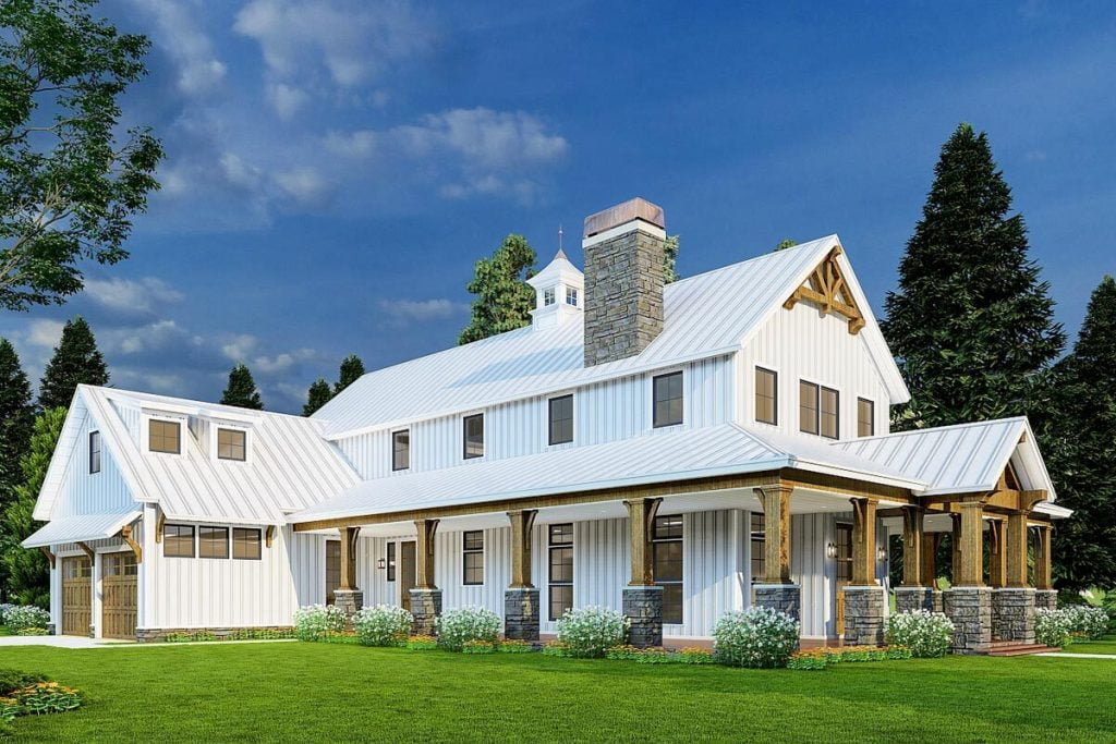 3D rendered angled view of the Homestead, showcasing the wraparound porch and the 2-car garage at the left-side.