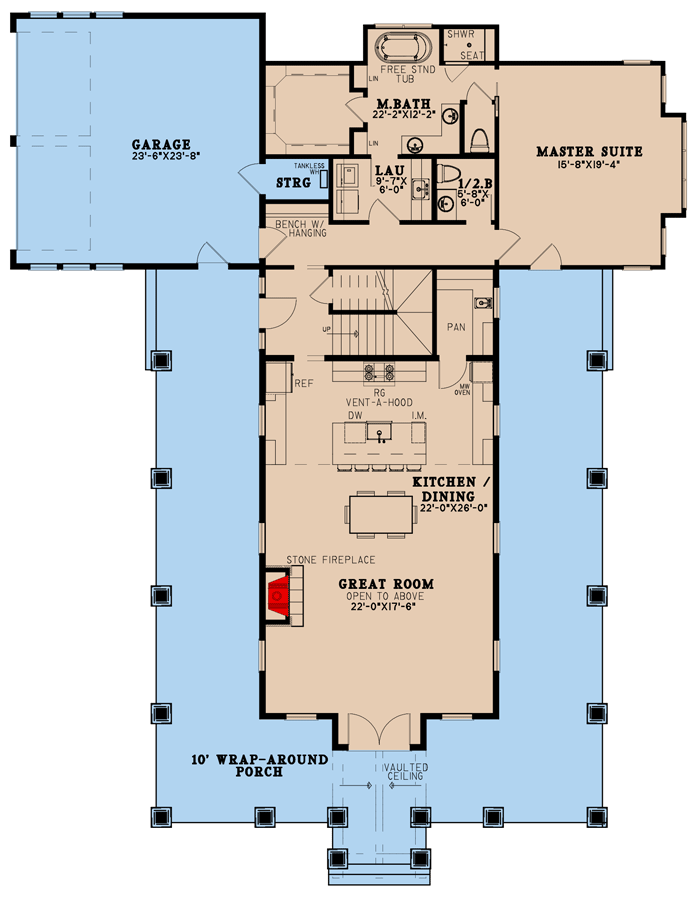 First-floor plan of the 3-bedroom 2-story barn-style House, with a 2-car garage, wrap-around porch, great room, kitchen, dining area, master suite and master bathroom.