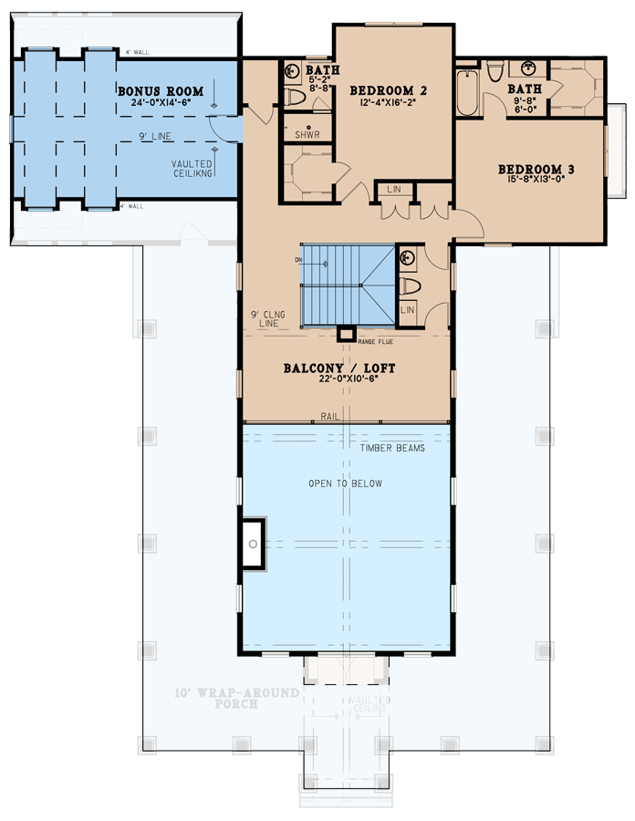 Second-floor plan of the 3-bedroom 2-story barn-style House, with Loft/balcony, 2 bedrooms, and a bonus room.