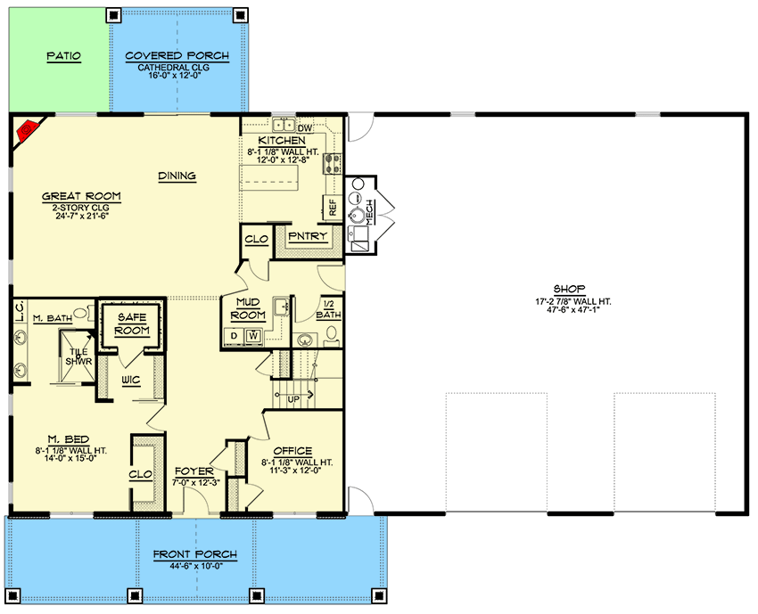 First level floor Plan of the Country Style Barndominium with an attached shop, a mech room, mud room, 2 bathroom, covered front and back porch, foyer, home office, great room, dining area, kitchen, patio, and a masters bedroom with a walk-in closet and safe room