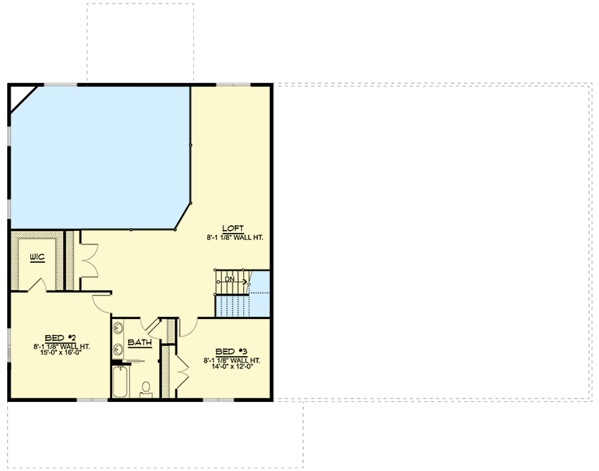 Second level floor Plan of the Country Style Barndominium with a loft, 2 bedrooms, 1 walk-in closet, a bathroom, and an open space seeing the great room and dining area