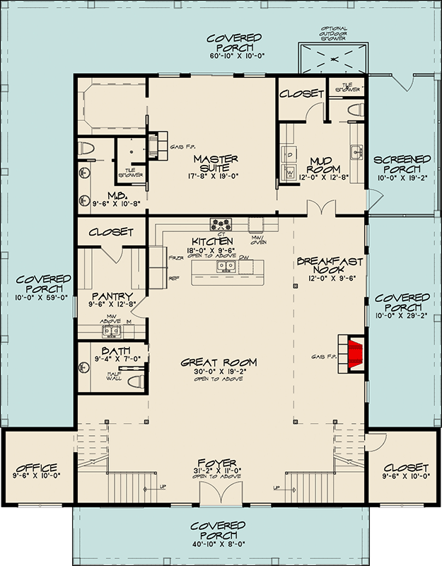 First level floor plan of the Country Style House with covered porch, office, closet, great room, foyer, breakfast nook, kitchen, pantry, bathroom, mudroom, screened porch, and Master suit.