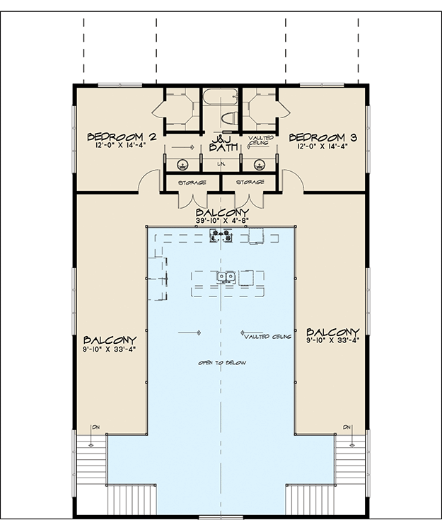 Second level floor plan of the Country Style House with balcony, bathroom, and 2 bedrooms.