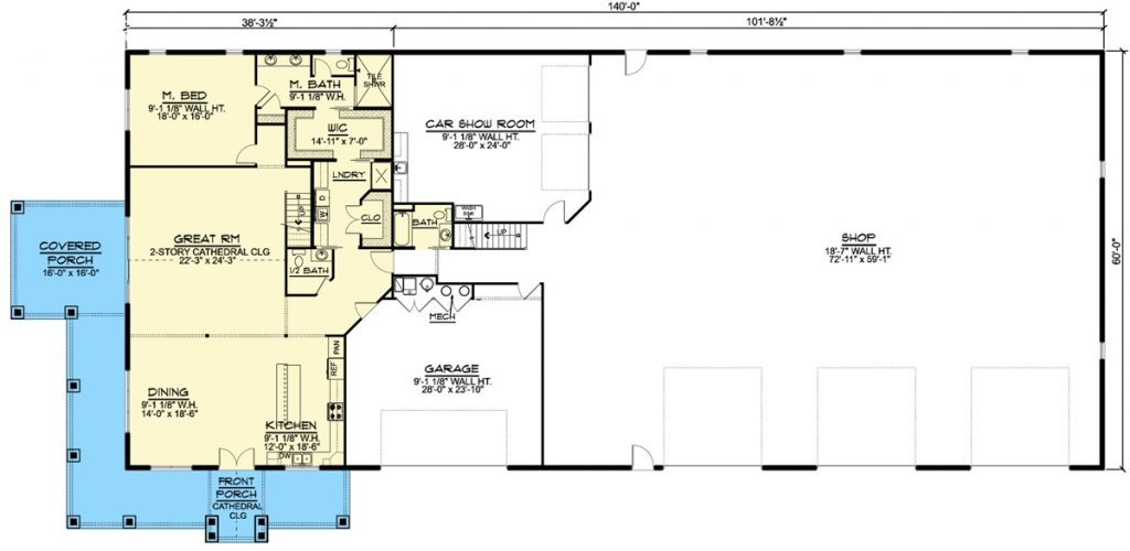 First-floor-plan of the 3-bedrooms 2-story-Grand-Shouse with shop, garage, kitchen, dining. great room, master bedroom, 2.5 bathroom including the master bathroom, laundry room, and car show room.  
