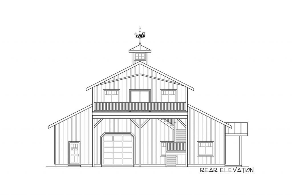 Rear elevation sketch of the 2,666 sq. ft. Spacious Garage Apartment.