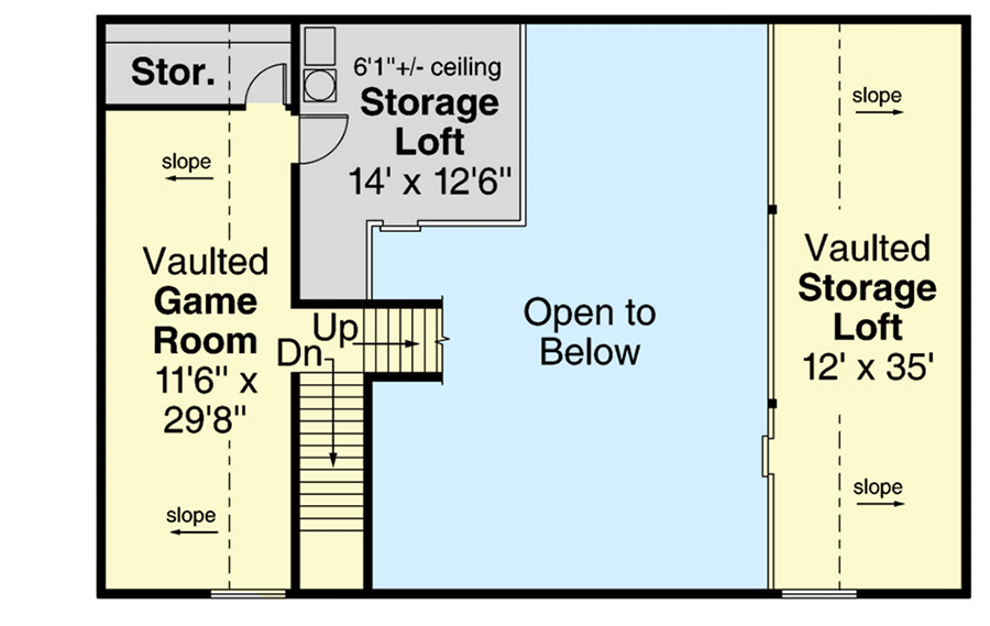 Second level floor plan of the 2,666 sq. ft. Spacious Garage Apartment with a game room, and storage area or loft.
