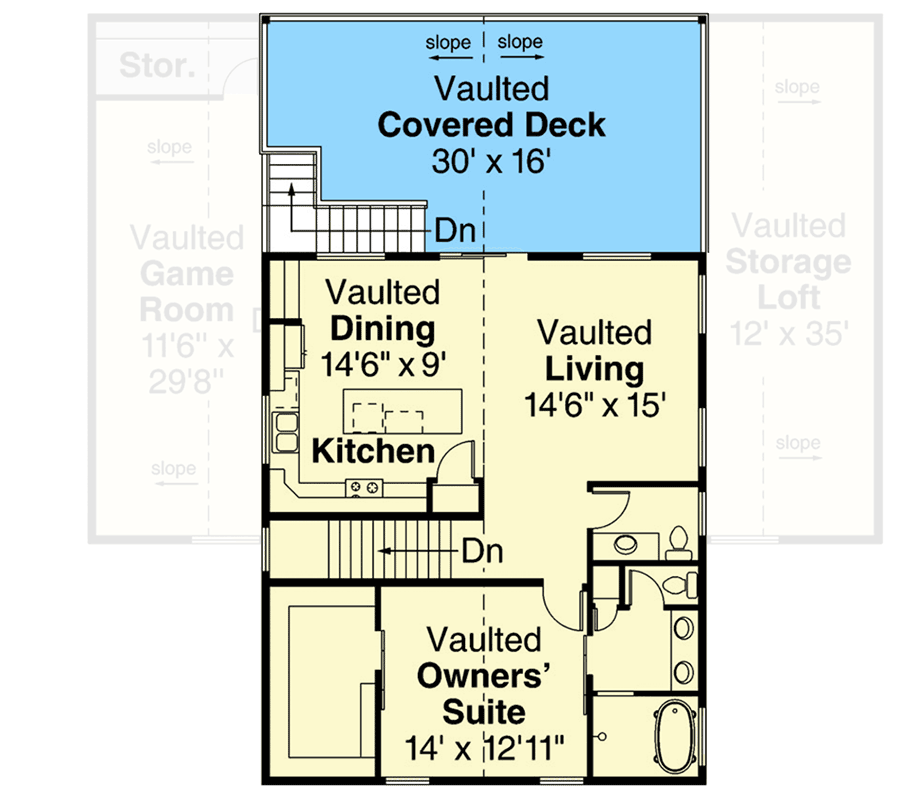 Third level floor plan of the 2,666 sq. ft. Spacious Garage Apartment with a kitchen, dining area, living room, covered deck, and the owners' suite.