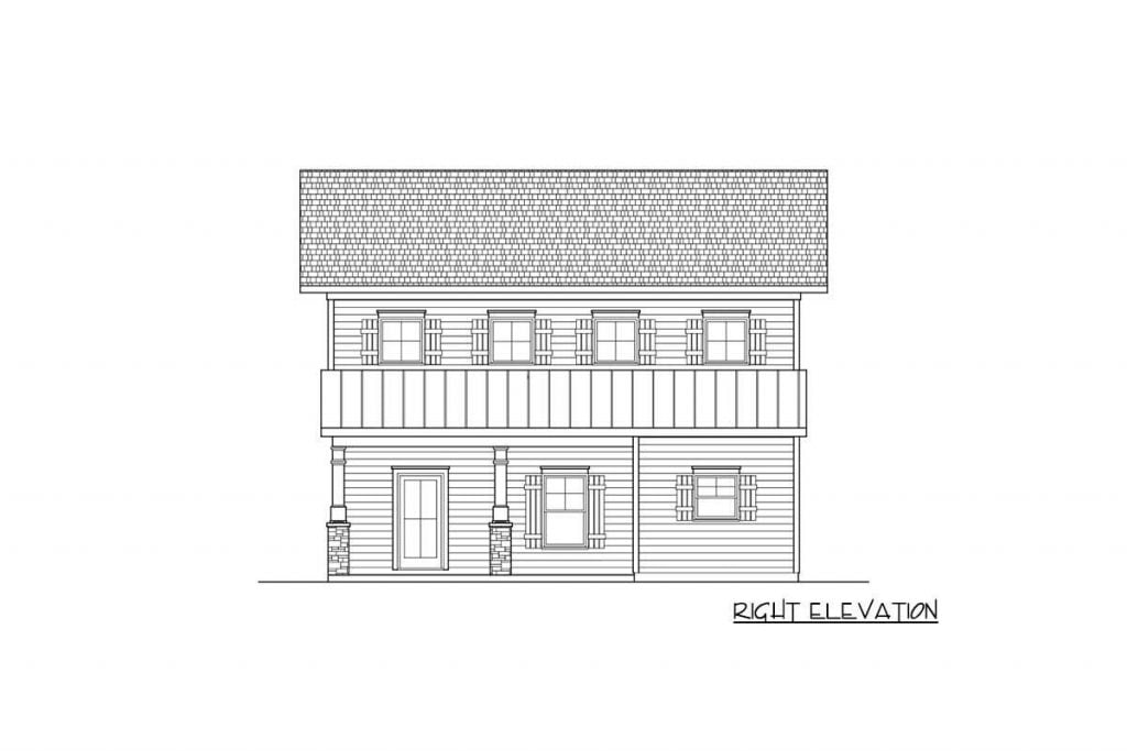 Right elevation sketch of the Shop or Hobby Garage w/ Outdoor Kitchen.