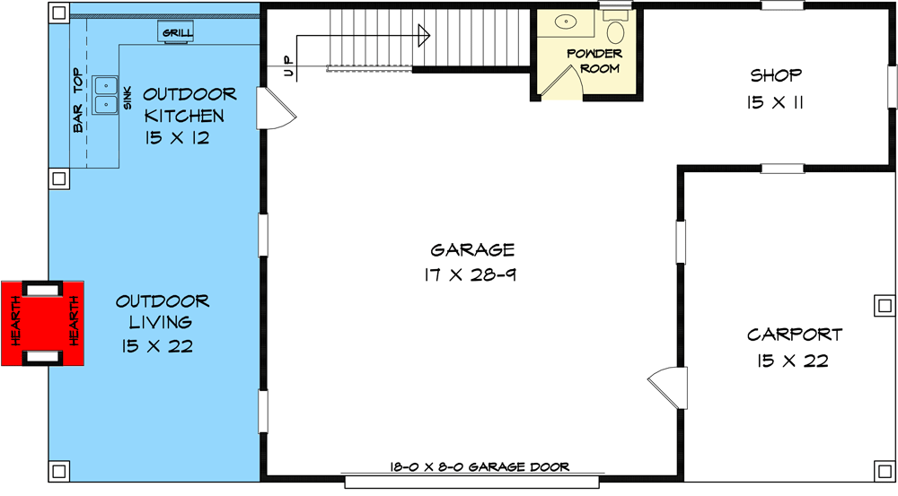 First level floor plan of the Shop or Hobby Garage with a garage, carport, shop, powder room, outdoor kitchen, outdoor living.