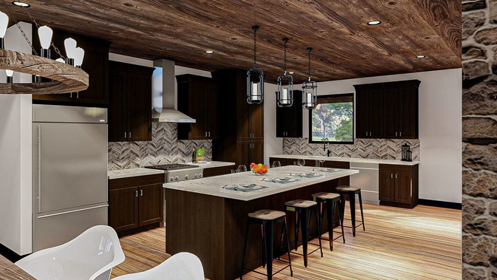 3D View of the kitchen with refrigerator, countertop, stools, and hanging cabinet.