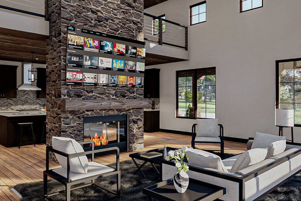 3D View of the living room with modern cushioned lounge chairs, coffee table at the center, fireplace, and a mounted modern television