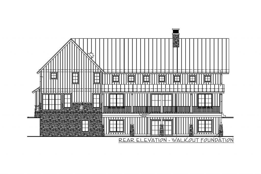 Rear Elevation sketch of the 4 bedroom Modern Mountain House with Covered Porch