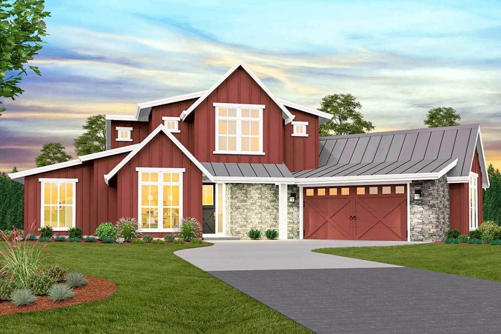 The front view of the Double Height Modern Farmhouse in a red color scheme and white linings.