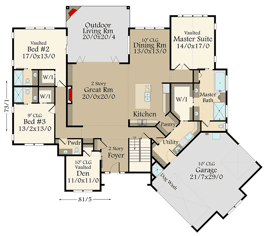 First level floor plan of the Double Height Modern Farmhouse with a 2-car garage, den, greatroom, kitchen, dining room, master suite, master bath, pantry, outdoor living room, and 2 bedrooms.